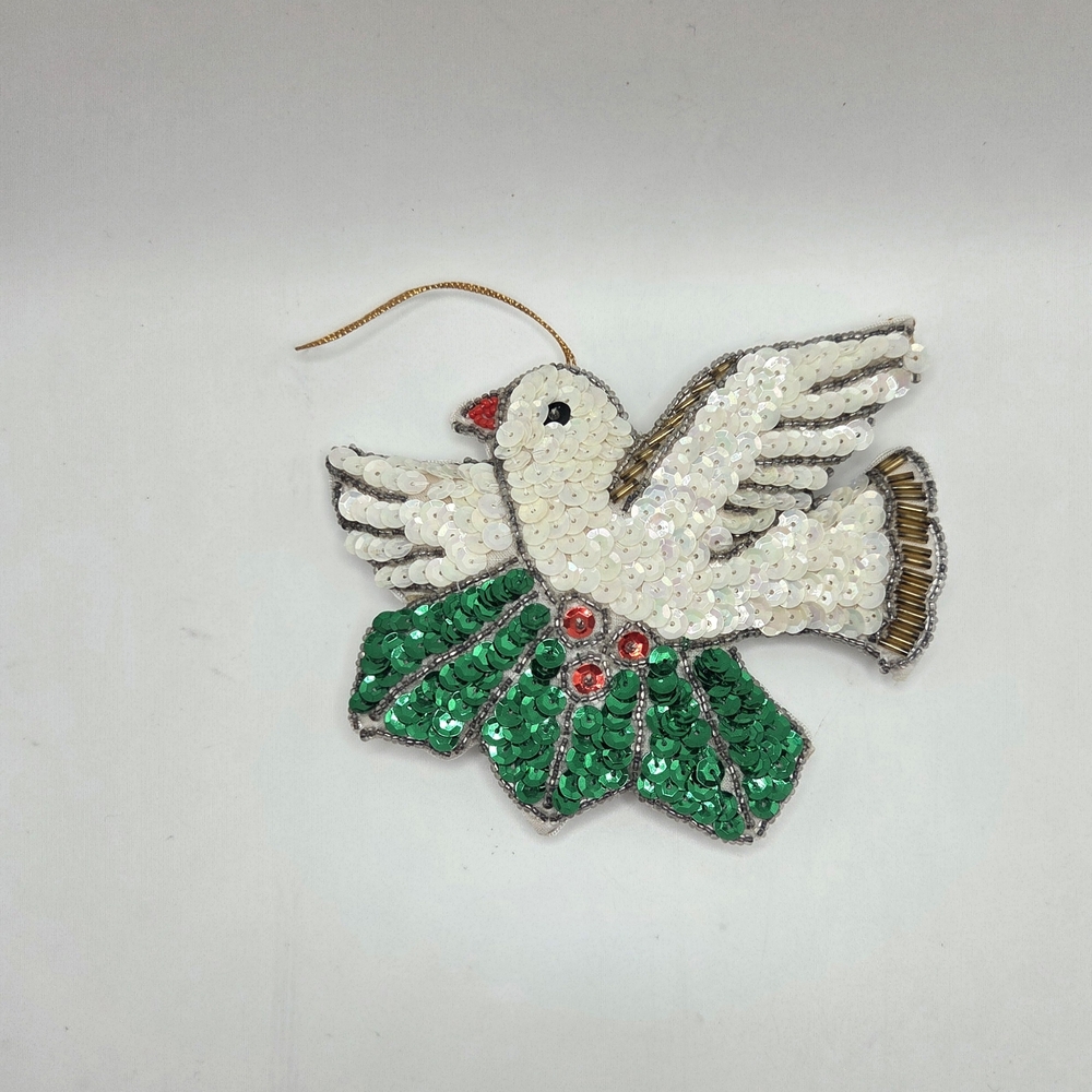 Vintage Beaded Dove With Holly Christmas Ornament.